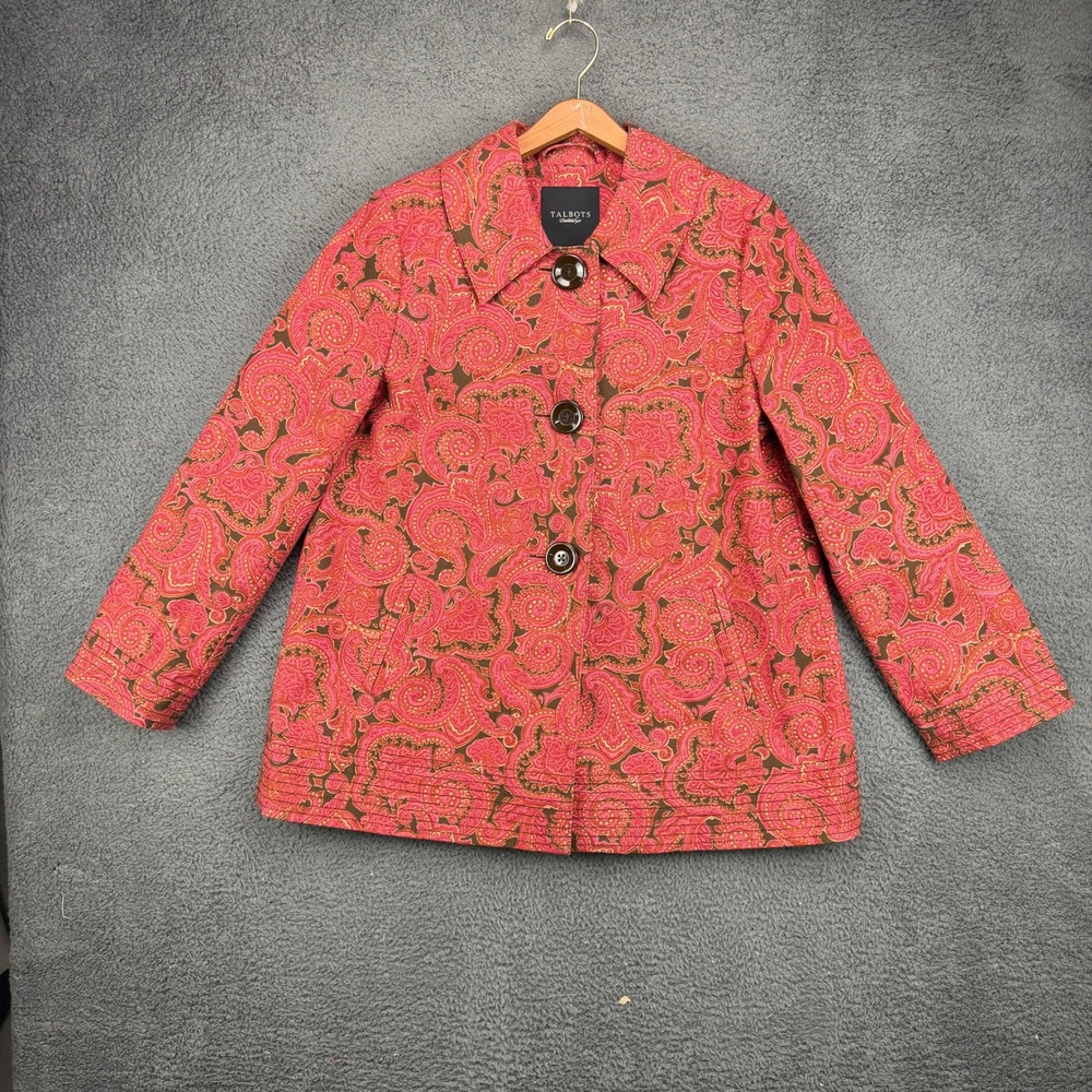 Talbots Womens Medium Pink Paisley Button Front Stretch Jacket Coat 11779